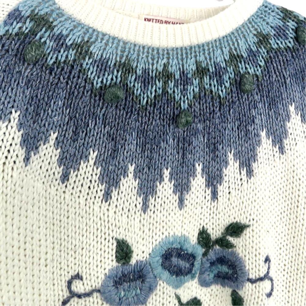 1980s Huntington & Ridge Sweater Vintage Blue Floral Chunky Knit Sweater Grandma - Picture 5 of 7